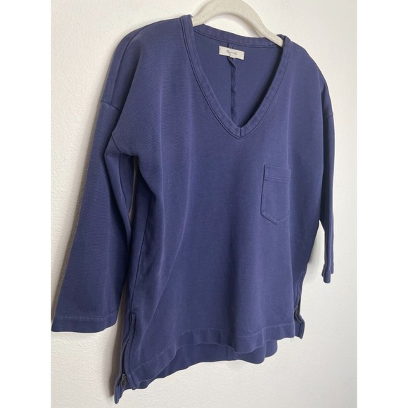 Madewell Extra Small Side Zip Piqué Sweatshirt Top Purple Blue 3/4 Sleeve V-Neck - Picture 2 of 9